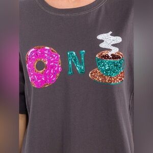 024 • Coffee And Doughnuts Graphic Charcoal T-Shirt |  Fun Sequins Cotton Top